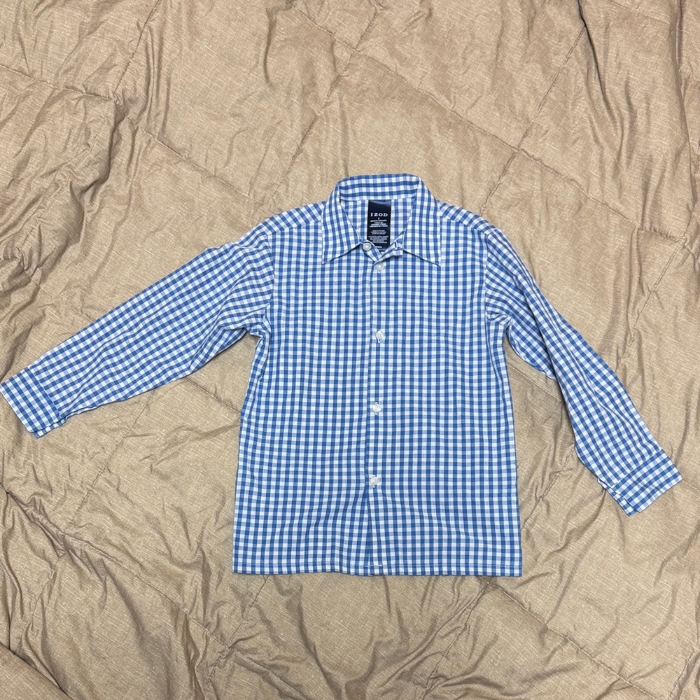 Izod Blue and White Checkered Shirt Boys 7 NWOT